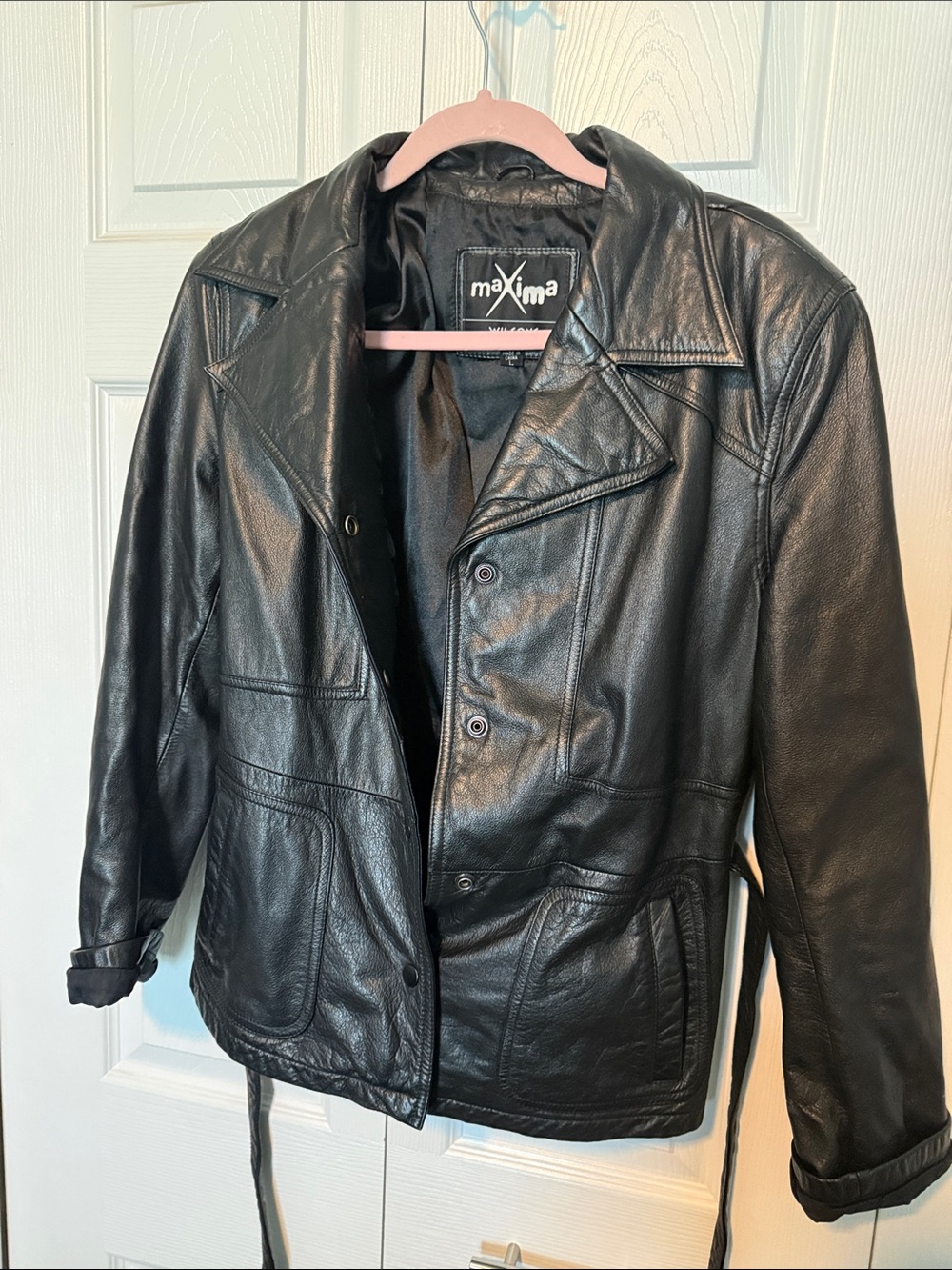 Maxima Men's Black Leather Bomber Jacket with Belt